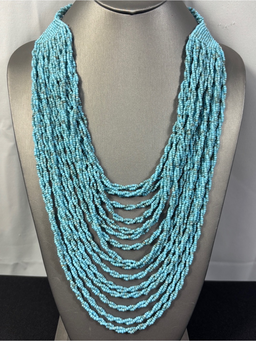 Multi-Strand Bib Necklace 16 Layers Twisted Blue Gray Glass Seed Beads 22" Long